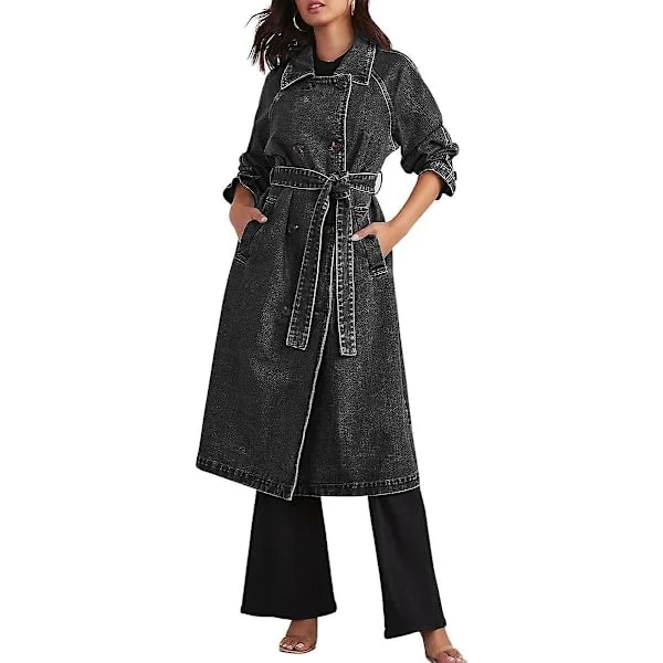 Vintage Lang Jeansjakke til Kvinder, Løs Pasform, Dobbeltradet Denimjakke, Trenchcoat med Bælte Sort Sort Medium Black
