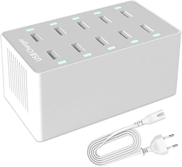 USB Ladestation, 50W 10-Port USB Oplader Hub, Multi-Port USB Oplader med Smart Detect, Kompatibel med iPhone, Galaxy, iPad Tablet og Andre USB