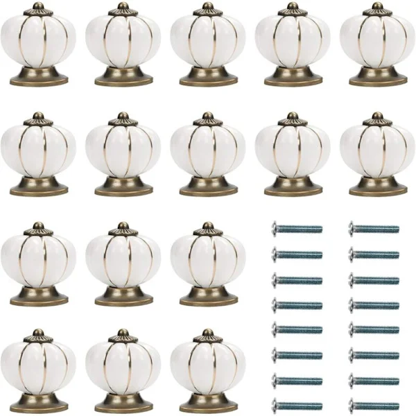 White and Gold Ceramic Furniture Knobs with Pumpkin-Shaped Screws (16-Pack) - 3.6 x 3.9 cm - Vintage Round Furniture Knobs - For Home, Office, Kitchen