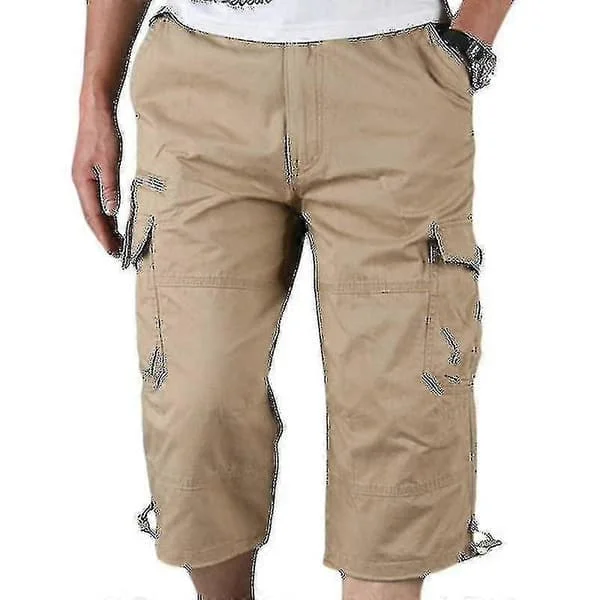 【BEMS】Men's 3/4 Long Elastic Waist Shorts Cargo Combat Three-Quarter Pants Khaki