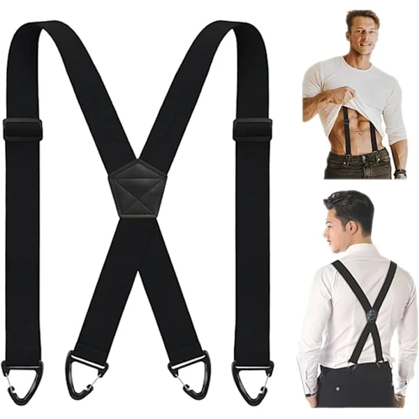 Hängslen för män X-formade - 3,8 cm bred elastisk rem med 4 karbinhakar - Justerbara halkfria hängslen för arbetsbyxor