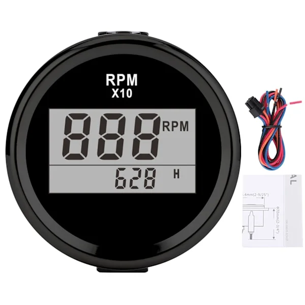 0-9990 RPM Turteller IP67 Vanntett Rød Bakgrunnsbelysning 52mm 2 Tommer LCD-skjerm 9-32V Svart Skive Svart Deksel