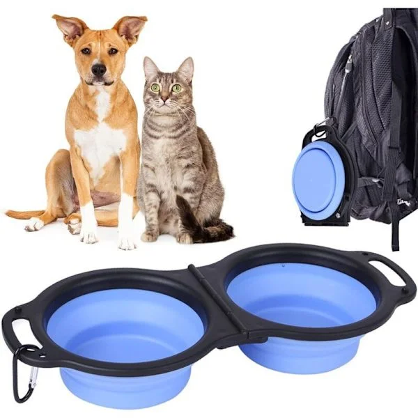 Hopfällbar hundskål, stor expanderbar bärbar reseskål för hundar, hopfällbar hundskål med handtag och karbinhake - Blå