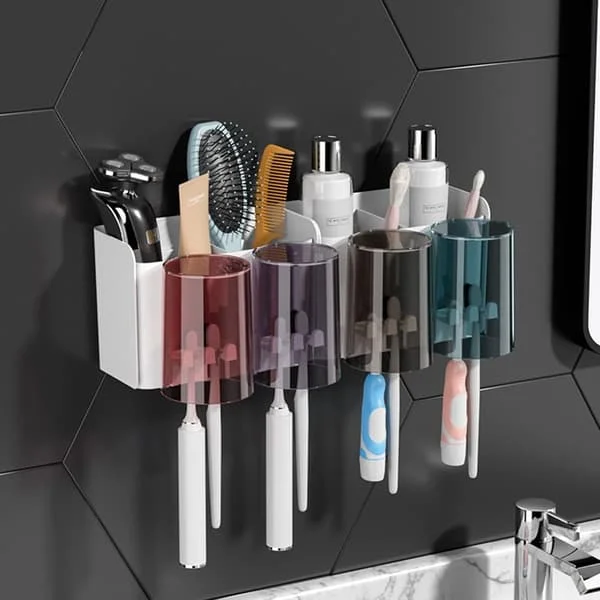 Toothbrush Holder, Self-Adhesive Toothbrush Holder, Toothpaste Holder with 4 Cups + 8 Storage Slots for Toothbrush Heads