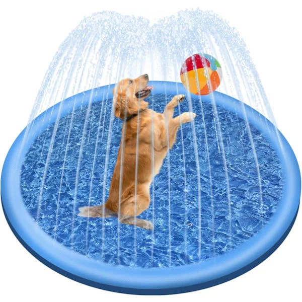 Oppustelig hundepool 100 cm – Legemåtte med sprinkler til hunde og børn – Vandleg til have og strand