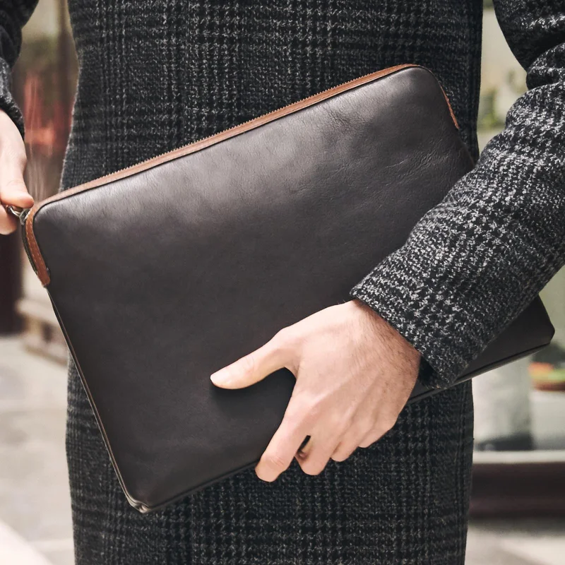 Lou Dark-Brown & Tan Leather Laptop Sleeve for Men - Laptop sleeves
