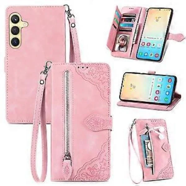 Compatible with Samsung Galaxy S25 Plus Zip Pocket Magnetic Card Holder with Wrist Strap Wallet Case for Samsung Galaxy S25 Plus Pink