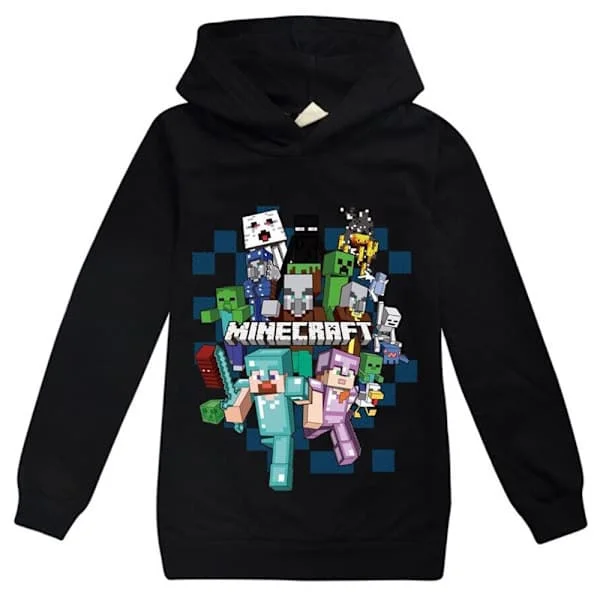 Cool Minecraft Tröja Hoodie Sweatshirt med långa ärmar Pullover Toppar svart svart svart 140 cm