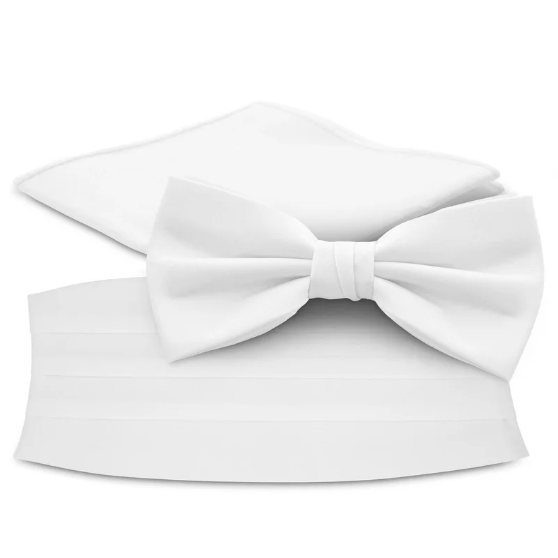Set con papillon pre-annodato, fazzoletto da taschino, e fascia da smoking bianchi per uomini - Set di papillon