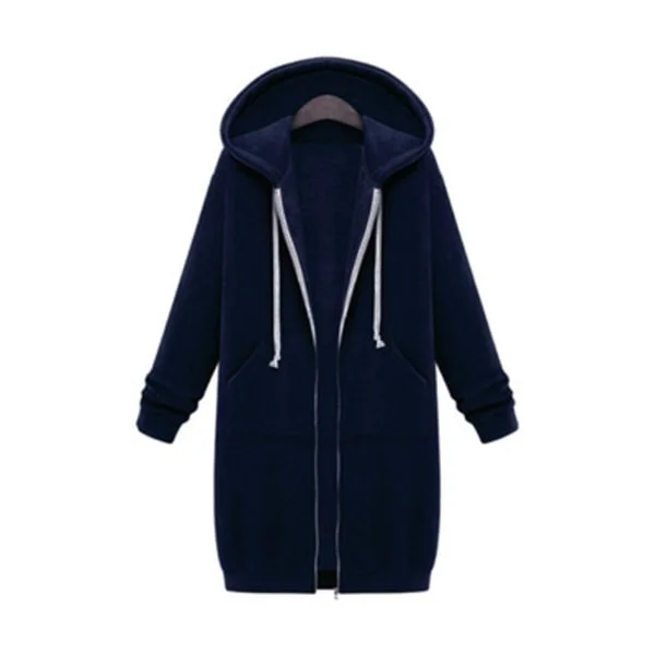 Fleecejacka med dragkedja för dam, lång hoodie i plus size, marinblå XL