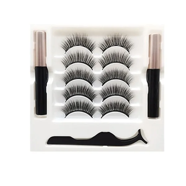 Magnetiska lösögonfransar och eyeliner-set, 5 par naturliga lösögonfransar, inkluderar en magnetisk eyeliner och pincett för enkel applicering.