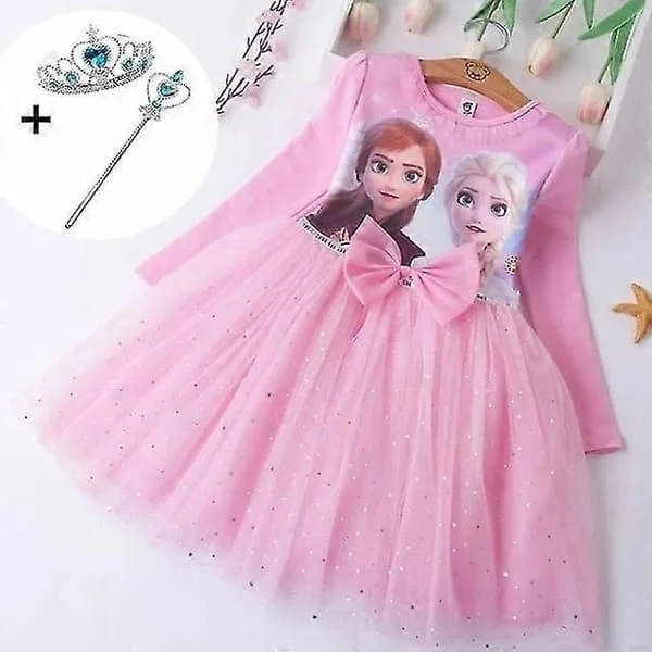 【NX】Flickor Prinsessa Elsa Höstklänningar Långärmad Anna Klänningar Barn Födelsedagsfest Balklänning Rosa