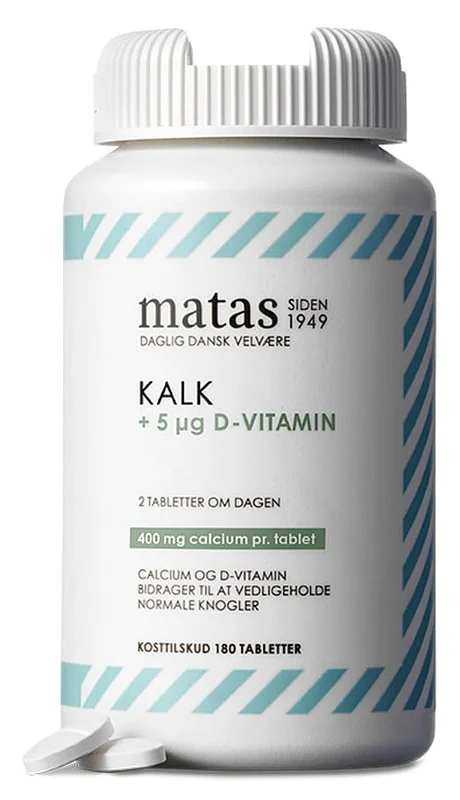 Spar 25% • Køb 2, Matas Striber Kalk 400 mg + D-vitamin 5 μg 180 tabl., Helse & Madvarer, Mineraler, Kalk