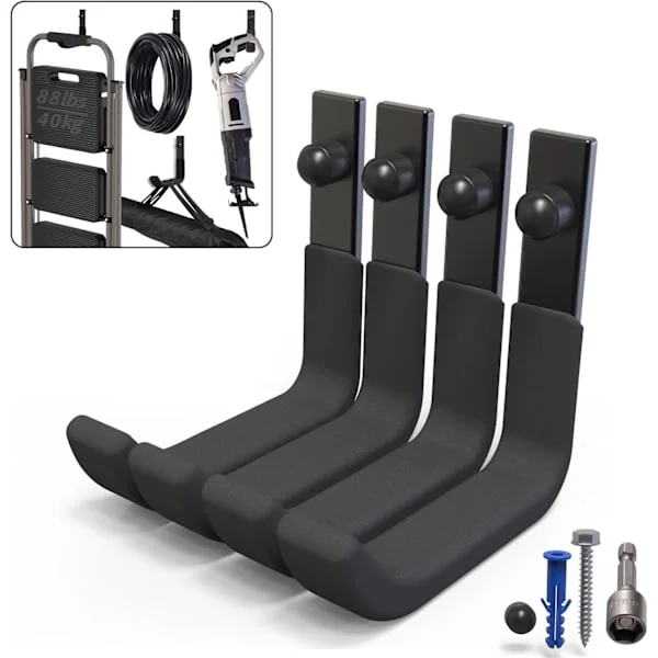 4-pack kraftiga J-formade garagkrokar i stål, väggkrokar för upphängning av trädgårdsredskap, steghållare, förvaringsorganisatör, 40 kg, 10 cm/4 tum