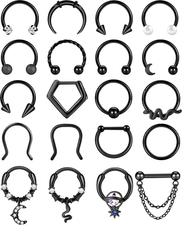 16-20 stk 16G Septumringer Kirurgisk stål Nese smykker Piercing Hestesko Helix Tragus Ørering Leppe Svart Bøyle for Kvinner Menn Svart-1 -