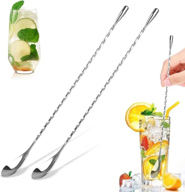 2 kpl 30 cm ruostumattomasta teräksestä valmistettuja cocktail-lusikoita metallinupilla - baaritarvikkeet, kahville ja cocktaileille, hopea