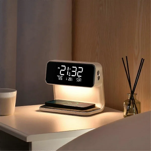 Vækkeur med trådløs opladning og lamper, dæmpbart digitalt vækkeur ladestation til soveværelse, sengebord, kontor