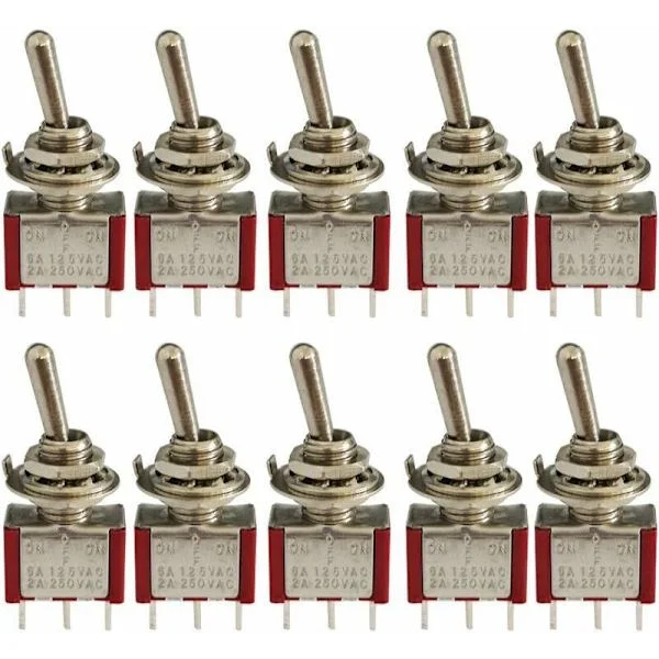 10 stk. mini vippebryter, AC 125V 6A / 250V 2A 3-pinners SPDT PÅ-AV-PÅ 3-pinners 3-posisjons SPDT selvlåsende vippebryter for bildeler rød, av DEBUNS