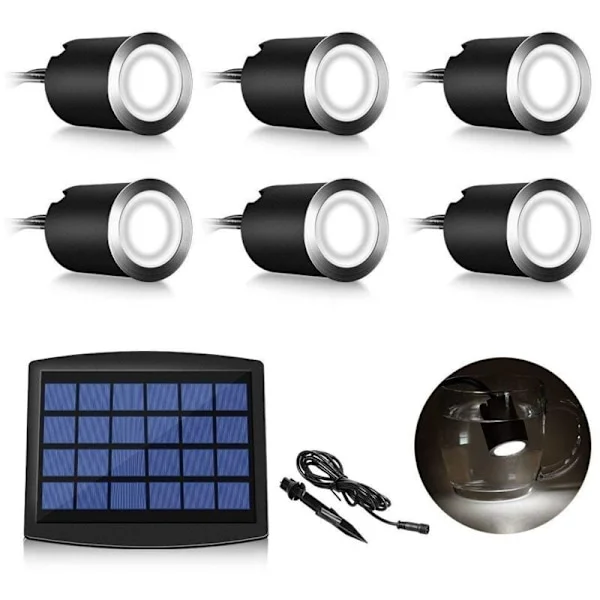 Sett med 6 utendørs solcelle LED downlights, IP67 vanntett, 0,2 W, Ø 32 mm, innendørs utendørs, terrasse, kjøkken, hage, 4000 K (kald hvit)