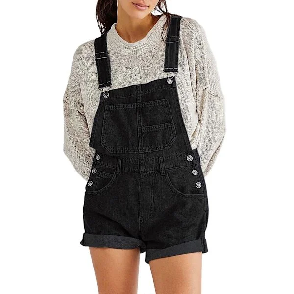 Jeansshorts Overall Dam Sommar Casual Lös Passform Justerbar Rompers Jeans Jumpsuit Bib Shortalls Svart M