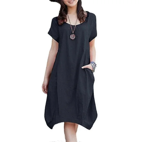 Marinblå 3XL Dam Sommar Kortärmad Bomull Linne Look T-shirt Klänning Casual Lös Lång Tunika Toppar Plus Storlek