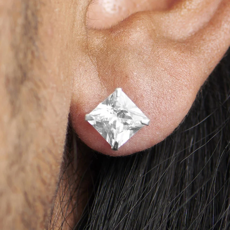 Lucid | 925 Sterling Silver 8mm Square Zirconia Stud Earring for Men - Stud earrings