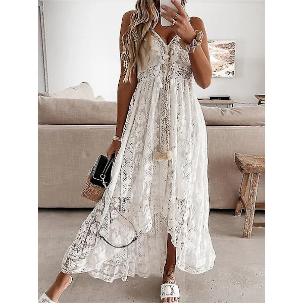 Sommar Boho Långklänningar Kvinnor Spets V-ringad Spaghetti Rem Klänning Dam Off Shoulder Strandklänning Vit Klänning Vestidos De Mujer LXDS18 Vit
