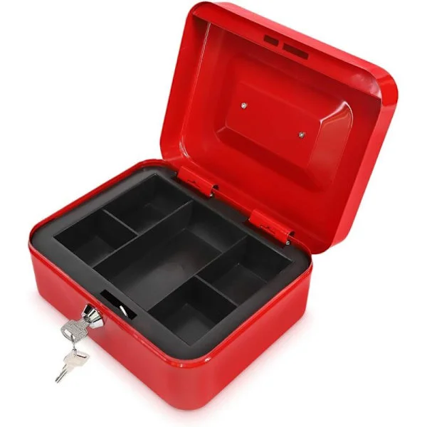 Pengekasse - Møntdispenser 20 x 15 x 9 cm Stål til Mønter og Sedler - Pengekasse med Aftagelig Bakke, 5 Rum og 2 Nøgler