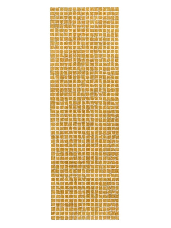 Linn Lavable 80X250 Pequeño Amarillo/Blanco Cuadros Pasillo Alfombra De Algodón