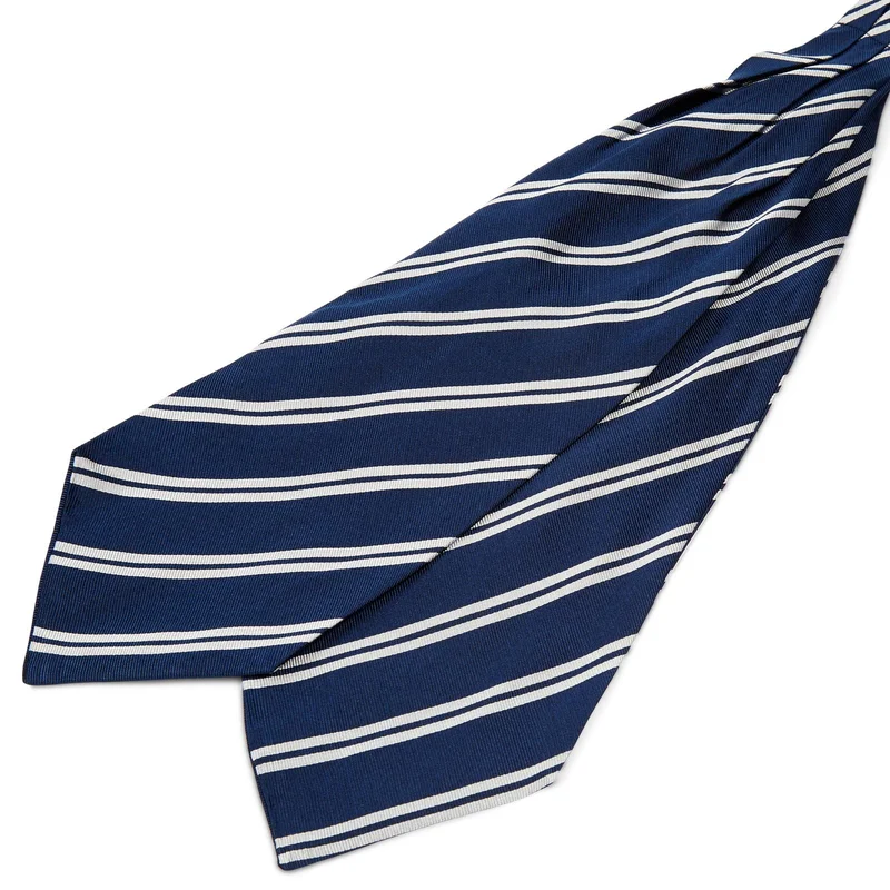 Silver-Tone Twin Stripe Navy Silk Cravat for Men
