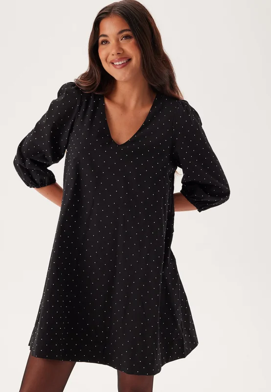 Object Collectors Item-Objrigini 3/4 SLEEVE V-NECK Dress-Black Detail:Rhinestone