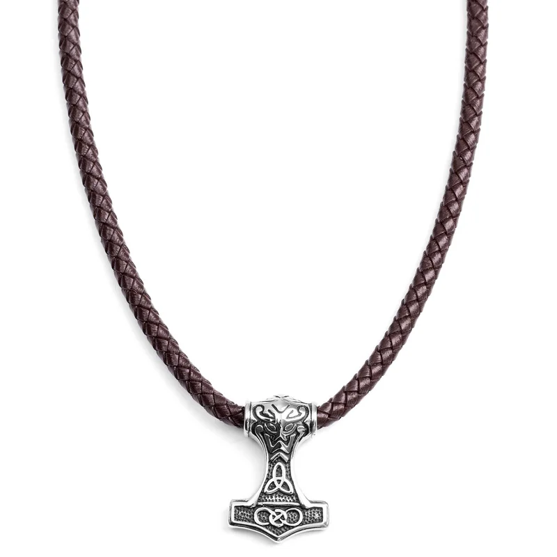 Double Sided Celtic Brown Leather Necklace for Men - Thor's hammer necklaces