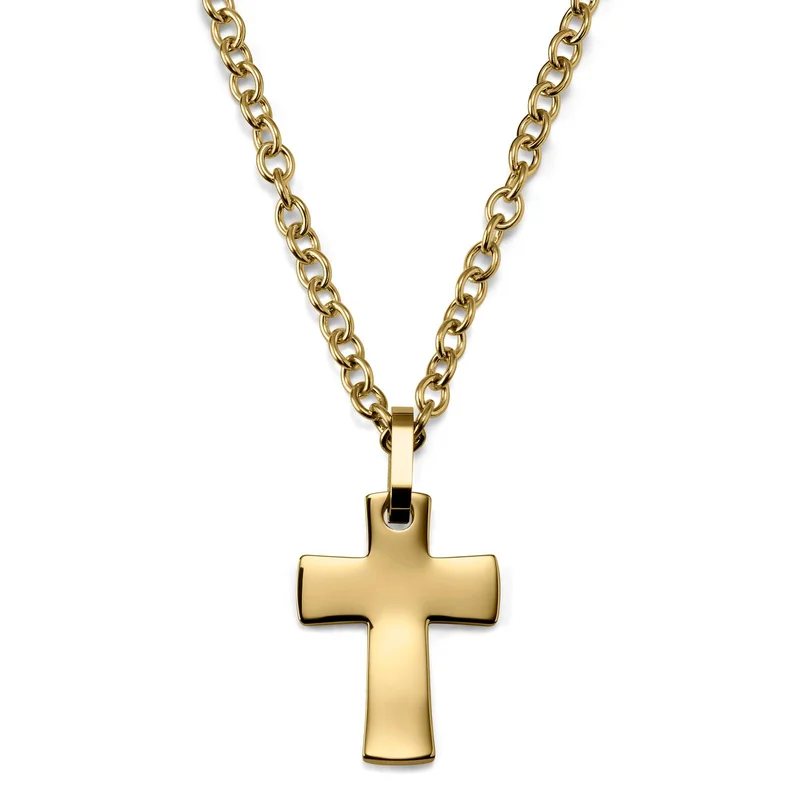 Collar de acero inoxidable dorado con cruz pequeña y curvada para hombres - Collares acero
