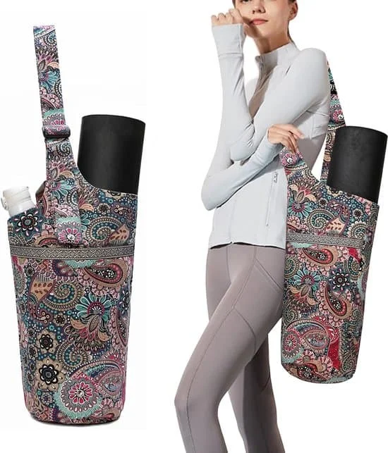 Ryggsäck - Yogamatta Väska - Yogamatta väska med stor ficka och blixtlåsförsett fack - Passar de flesta mattstorlekar - blommigt mönster