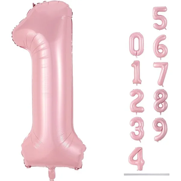 40-tommer lyserød talballon nummer 1, stor selvforseglende helium Mylar talballon til 1-års fødselsdag, jubilæum, babyshower