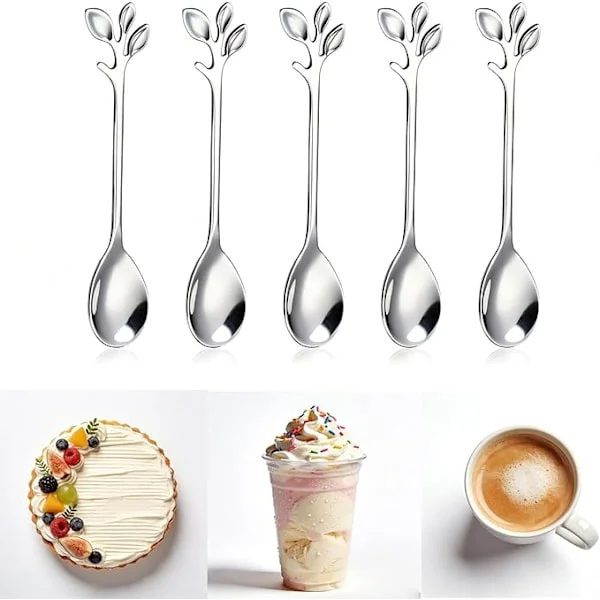 Sett med 5 bladformede teskjeer i rustfritt stål. Lange dessertskjeer til kaffe, te, is og mer. Elegante kjøkkentilbehør. Slitesterke og stilige.