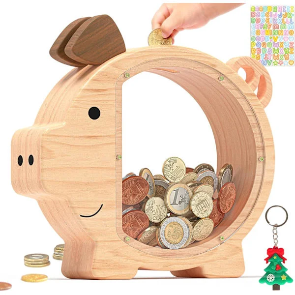 Wooden Piggy Bank for Kids, Cute Money Box, Unbreakable Wooden Piggy Bank, Creative Money Box, Personalized Gifts-FY-