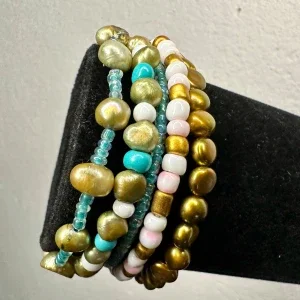 5 st Boho Y2K vintagearmband med äkta sötvattenpärlor & glaspärlor Retro Fint skick