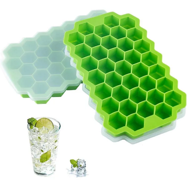 2 stk. Premium Isterningebakker, Silikone Isterningebakker med Forseglbart Låg, 74-Isterninger, Genanvendelige, Sikre Hexagonale Isterningebakker