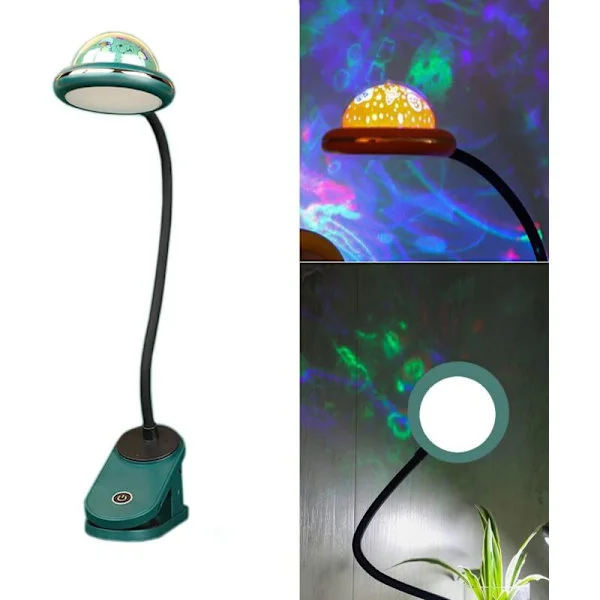 USB-ladattava LED-klipsivalaisin – tähtiprojektio – 360° kosketusintensiteetti – joustava silikonikaula – yövalo lapsille