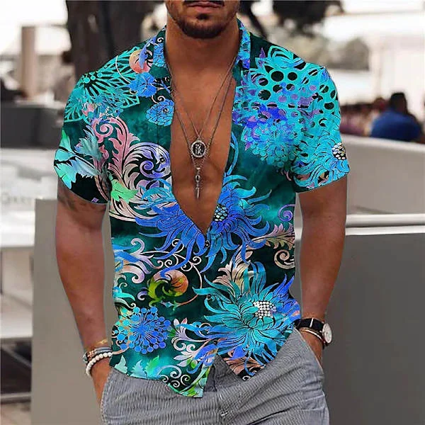 Herr sommarskjorta, mönstrad skjorta, blommig strandstil, retrokläder, hawaiiansk avslappnad krage, kortärmad knappstil.