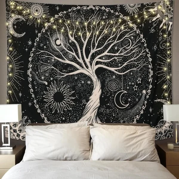 130x150cm Livets Träd Tapet Måne och Sol Svart Väggbonad Psykedelisk Stjärnklar Mandala Tapet Hippie Vägg