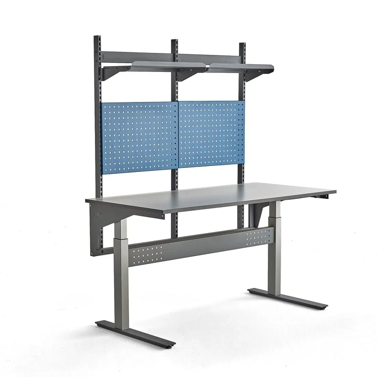 Komplett höj- och sänkbart arbetsbord, 200 kg, 1600x800 mm, verktygstavla och hyllplan