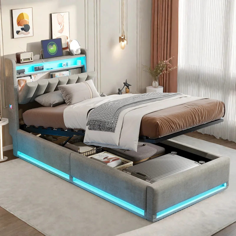 AliExpress - Rosahqnda gepolstertes Doppelbett, 90 x 200 cm, hydraulisches Bett mit Bettbox, Kopfteil mit LED und USB-Ladestation, Jugendbett aus Samt