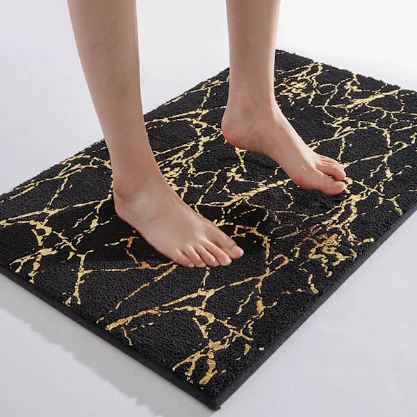 Baderomsmatte Sklisikker Vaskbar Baderomsmatte Svart Baderomsgulvteppe Gull Dekorativt Teppe Luksuriøst Baderomstilbehør Mykt Absorberende Mikrofiber 