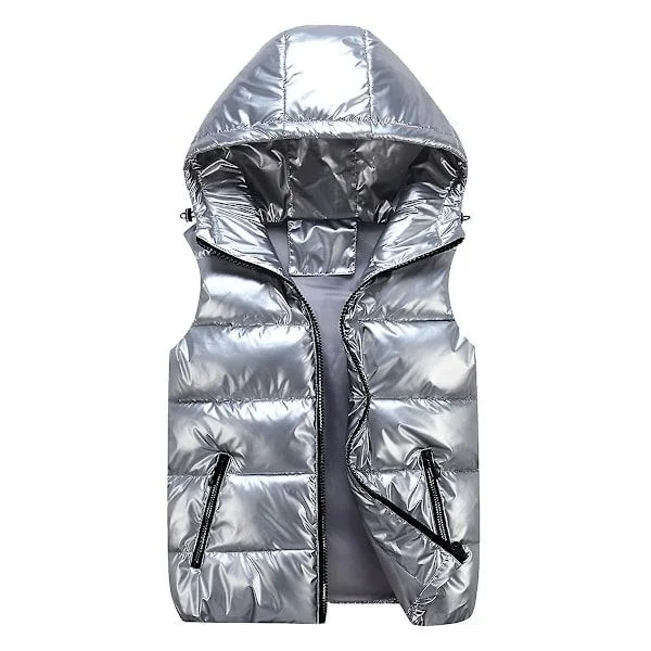 Sliktaa Unisex Kiiltävä Vedenpitävä Hihaton Takki Kevyt Toppaliivi Hopea M