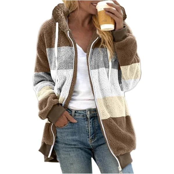 Luvjacka dam teddy fleece kappa övergångsjacka med huva med fickor dragkedja höst vinter plysch jacka fleece jacka vinter 3XL J Khaki
