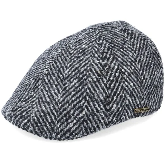 Stetson - Negro flatcap Gorra - Texas Duck Shape Texas Herringbone Black/Grey Flat Cap @ Hatstore