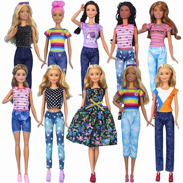 Klær til Barbie, 10 stk Barbie dukkeklær inkludert (topp + bukser)-FS-