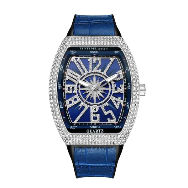 Men's Watch Luxury Diamond Iced Waterproof Quartz Wristwatch Blue Silicone Band Party Casual Dress Watches